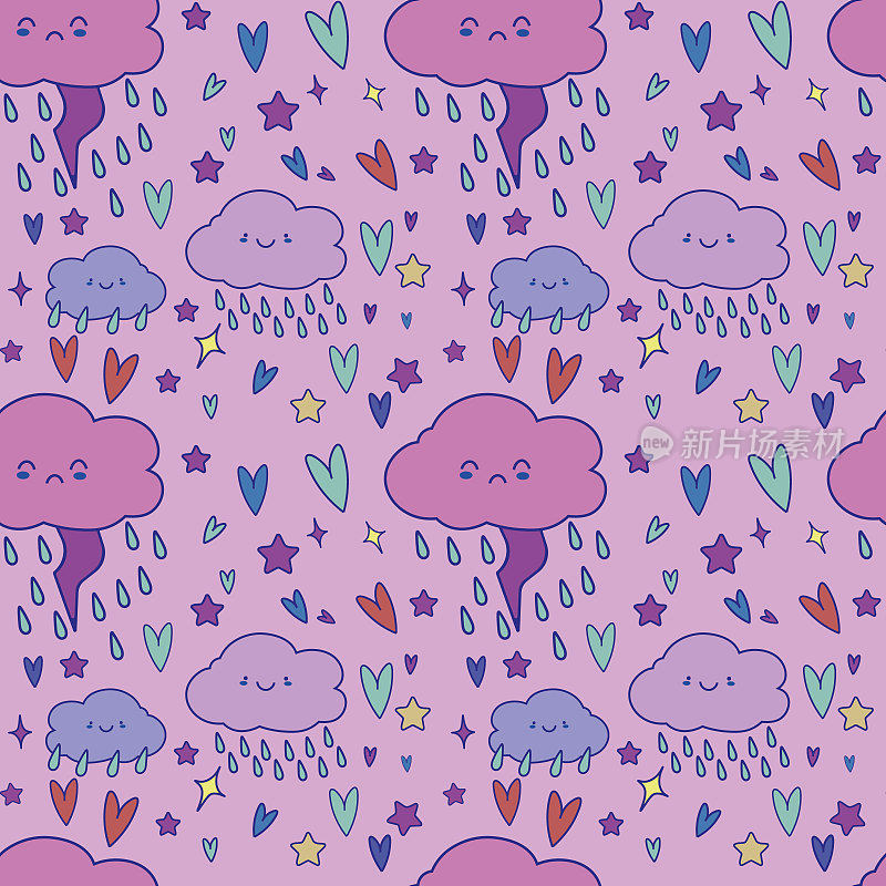 Cute colorful cloud smiling face kawaii seamless pattern background with stars and hears, vector illustration EPS